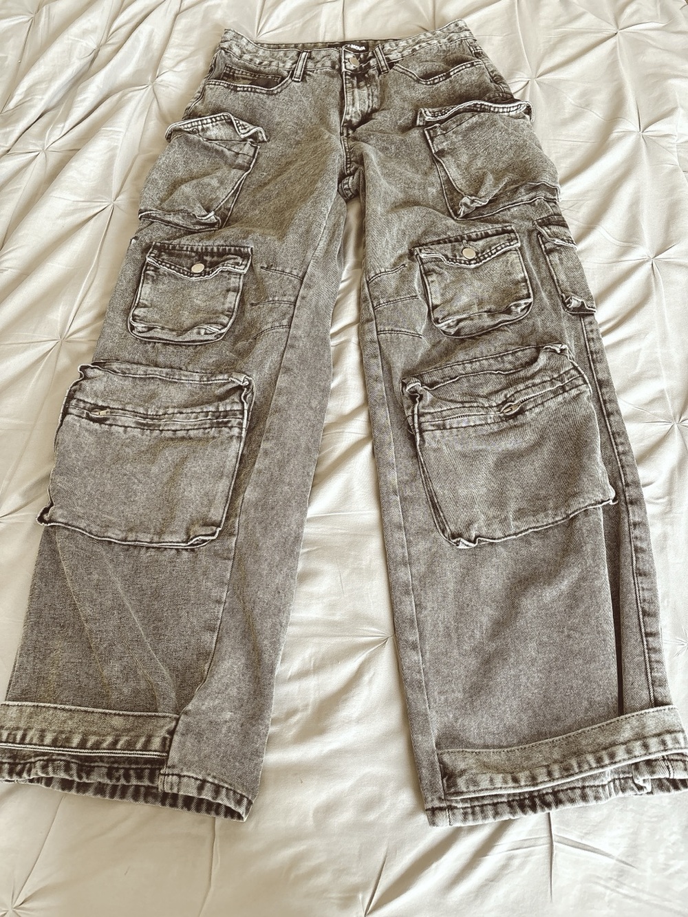 Fashion Nova Acid Wash Cargo Wide Leg Jeans Size 9 Y2K Utility Baggy - Picture 3 of 13